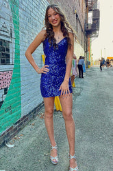 Misshow Sparkly Royal Blue Sequined Criss-Cross Straps Tight Short Homecoming Dress/Mini Dress