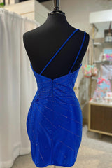 Misshow Sparkly Royal Blue Sequined One Shoulder Tight Short Homecoming Dress/Mini Dress with Appliques