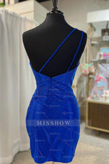 Misshow Sparkly Royal Blue Sequined One Shoulder Tight Short Homecoming Dress/Mini Dress with Appliques