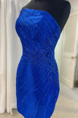 Misshow Sparkly Royal Blue Sequined One Shoulder Tight Short Homecoming Dress/Mini Dress with Appliques
