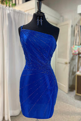 Misshow Sparkly Royal Blue Sequined One Shoulder Tight Short Homecoming Dress/Mini Dress with Appliques