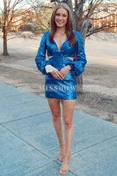 Misshow Sparkly Royal Blue Sequined Tight Short Homecoming Dress/Mini Dress with Sleeves