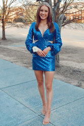 Misshow Sparkly Royal Blue Sequined Tight Short Homecoming Dress/Mini Dress with Sleeves