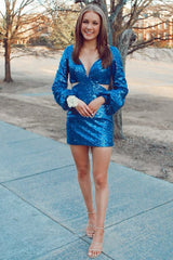 Misshow Sparkly Royal Blue Sequined Tight Short Homecoming Dress/Mini Dress with Sleeves