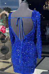 Misshow Sparkly Royal Blue Sequins Backless Short Homecoming Dress/Mini Dress With Long Sleeves