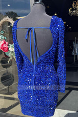 Misshow Sparkly Royal Blue Sequins Backless Short Homecoming Dress/Mini Dress With Long Sleeves