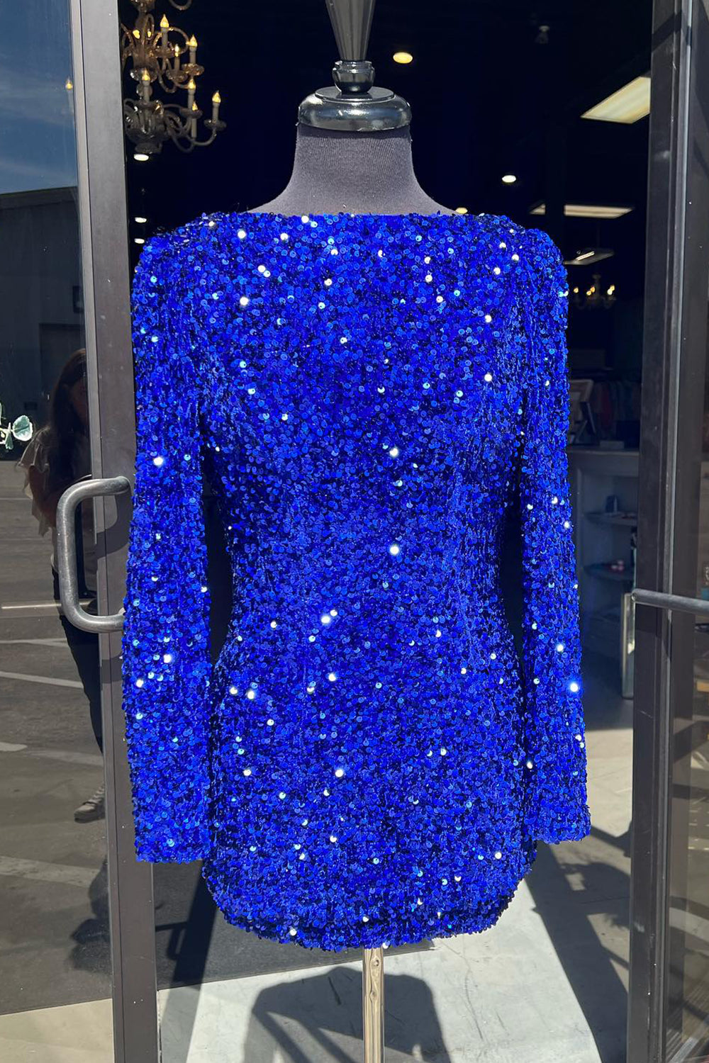 Misshow Sparkly Royal Blue Sequins Backless Short Homecoming Dress/Mini Dress With Long Sleeves