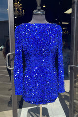 Misshow Sparkly Royal Blue Sequins Backless Short Homecoming Dress/Mini Dress With Long Sleeves