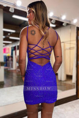 Misshow Sparkly Royal Blue Sequins Beaded Tight Short Homecoming Dress/Mini Dress