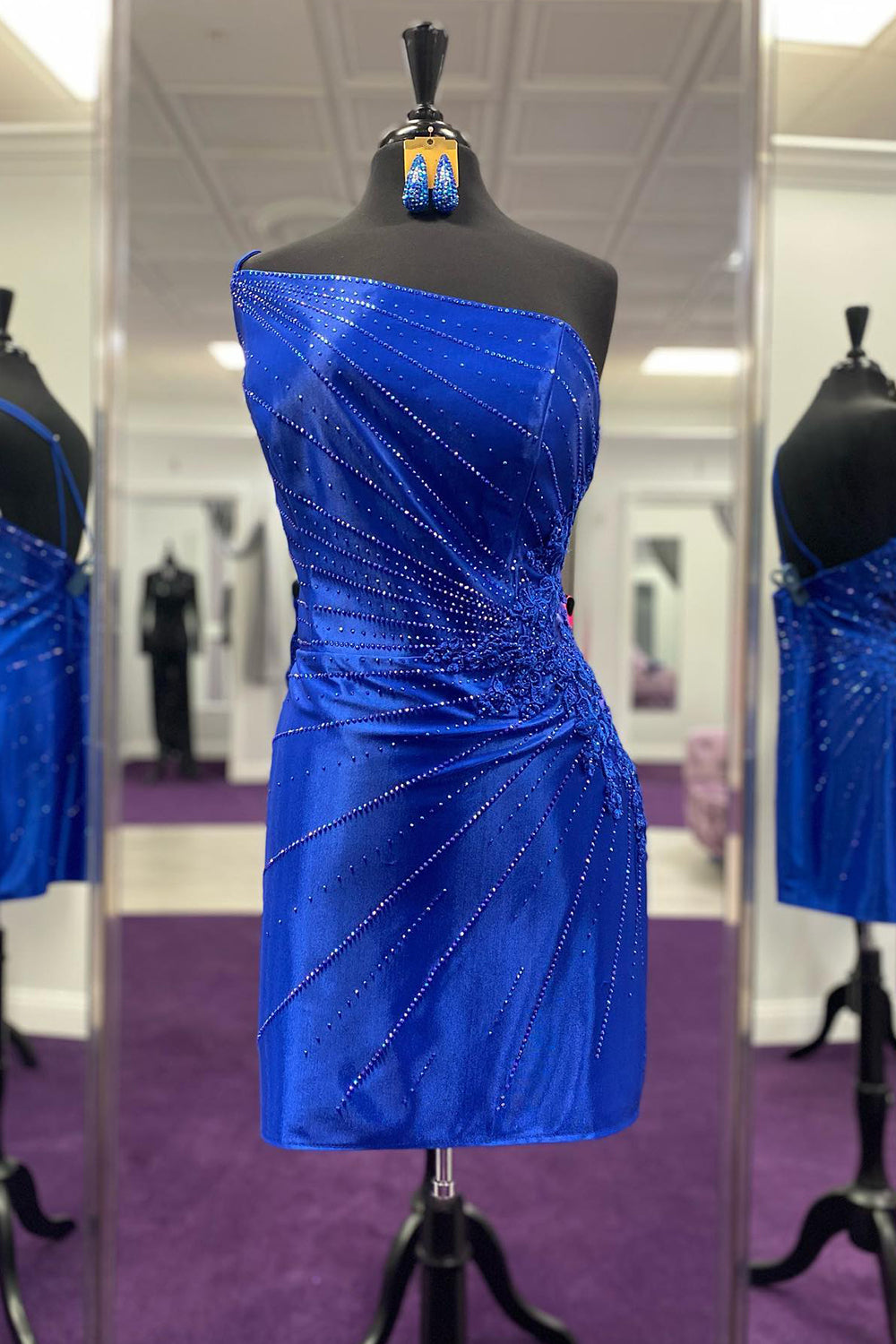 Misshow Sparkly Royal Blue Sequins One Shoulder Tight Short Homecoming Dress/Mini Dress with Lace