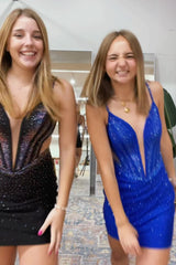 Misshow Sparkly Royal Blue Spaghetti Straps Tight Short Homecoming Dress/Mini Dress with Beadings