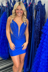 Misshow Sparkly Royal Blue Spaghetti Straps Tight Short Homecoming Dress/Mini Dress with Beadings