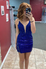 Misshow Sparkly Royal Blue Spaghetti Straps Tight Short Homecoming Dress/Mini Dress with Sequins