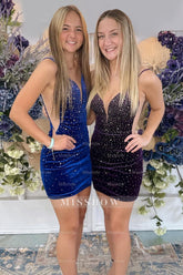 Misshow Sparkly Royal Blue Spaghetti Straps Velvet Tight Short Homecoming Dress/Mini Dress