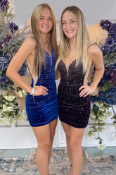 Misshow Sparkly Royal Blue Spaghetti Straps Velvet Tight Short Homecoming Dress/Mini Dress