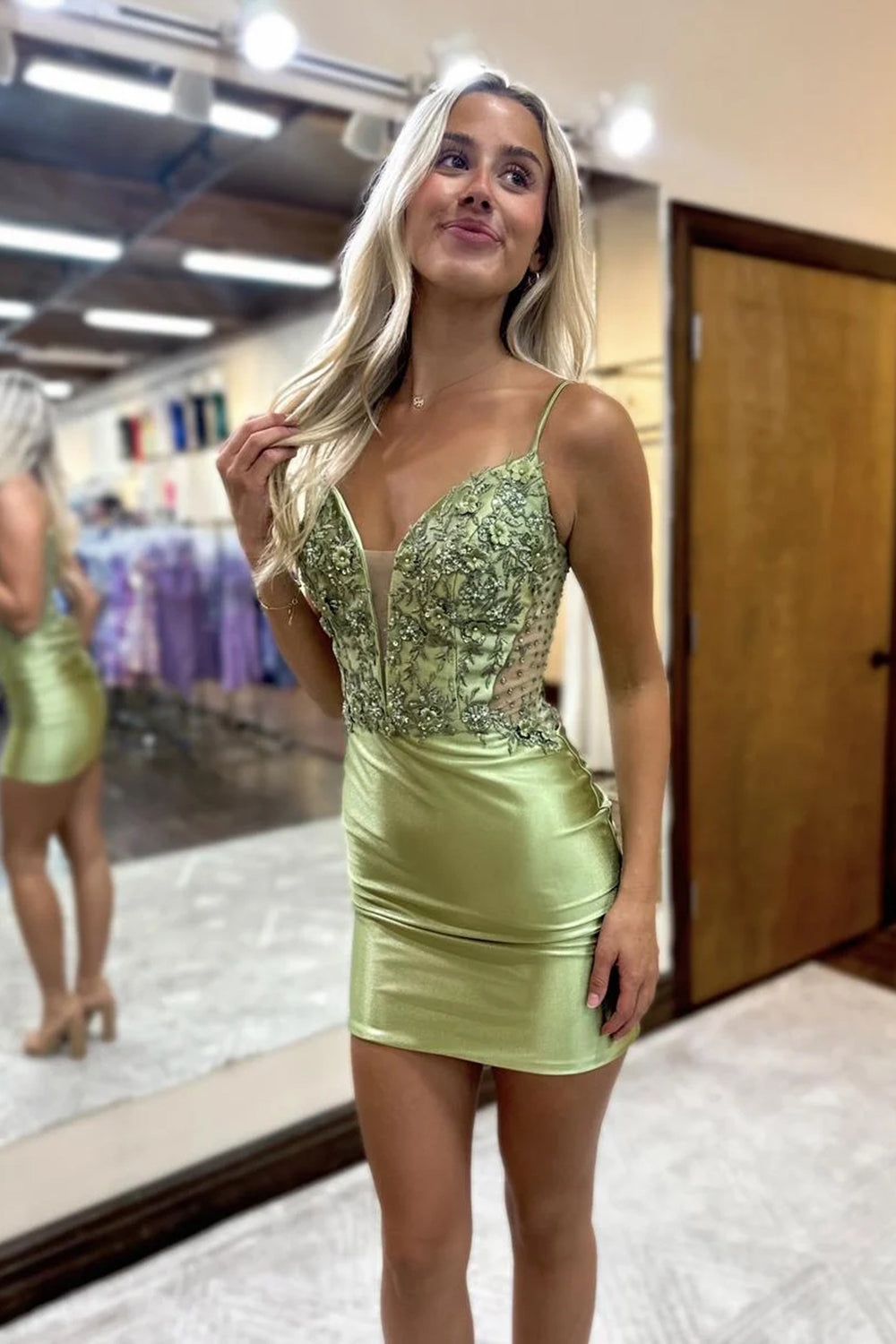 Misshow Sparkly Sage Tight Short Homecoming Dress/Mini Dress with Lace
