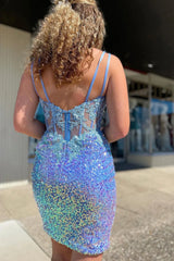 Misshow Sparkly Silver Corset Sequined Tight Short Homecoming Dress/Mini Dress With Appliques