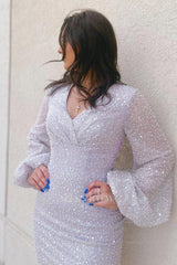 Misshow Sparkly Silver Long Sleeves Sequin Tight Short Homecoming Dress/Mini Dress