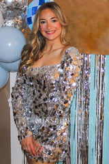 Misshow Sparkly Silver Long Sleeves Short Homecoming Dress/Mini Dress