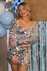Misshow Sparkly Silver Long Sleeves Short Homecoming Dress/Mini Dress