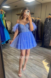 Misshow Sparkly Sky Blue A-Line Short Homecoming Dress/Mini Dress with Feathers