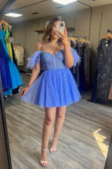 Misshow Sparkly Sky Blue A-Line Short Homecoming Dress/Mini Dress with Feathers