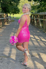 Misshow Sparkly Spaghetti Straps Fuchsia Tight Short Homecoming Dress/Mini Dress with Lace