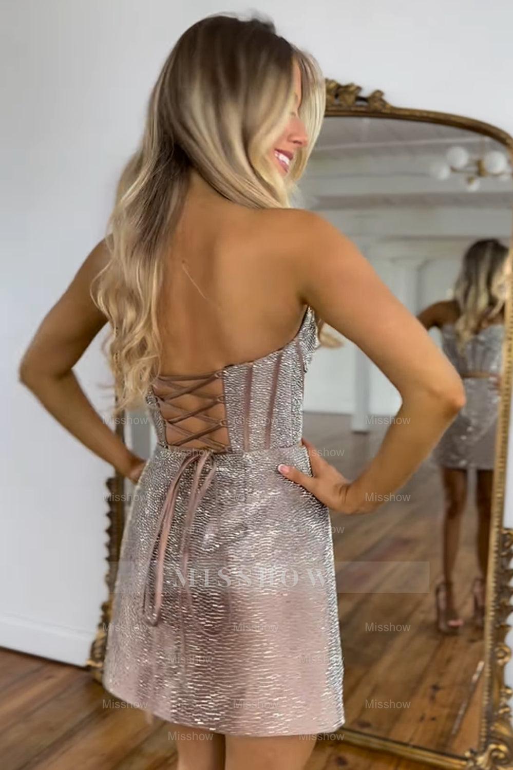 Misshow Sparkly Strapless Rose Gold Tight Corset Short Homecoming Dress/Mini Dress