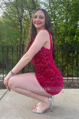 Misshow Sparkly Tight Fuchsia Sequins One Shoulder Homecoming Dress/Mini Dress