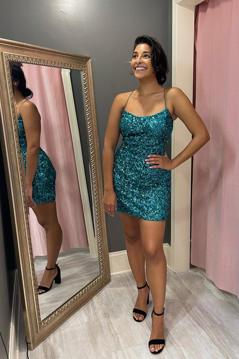 Misshow Sparkly Turquoise Sequined Tight Short Homecoming Dress/Mini Dress