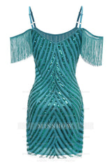 Misshow Sparkly Turquoise Tight Sequins Short Homecoming Dress/Mini Dress with Fringes