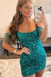 Misshow Sparkly Turquoise Tight Sequins Short Homecoming Dress/Mini Dress with Fringes