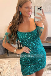 Misshow Sparkly Turquoise Tight Sequins Short Homecoming Dress/Mini Dress with Fringes