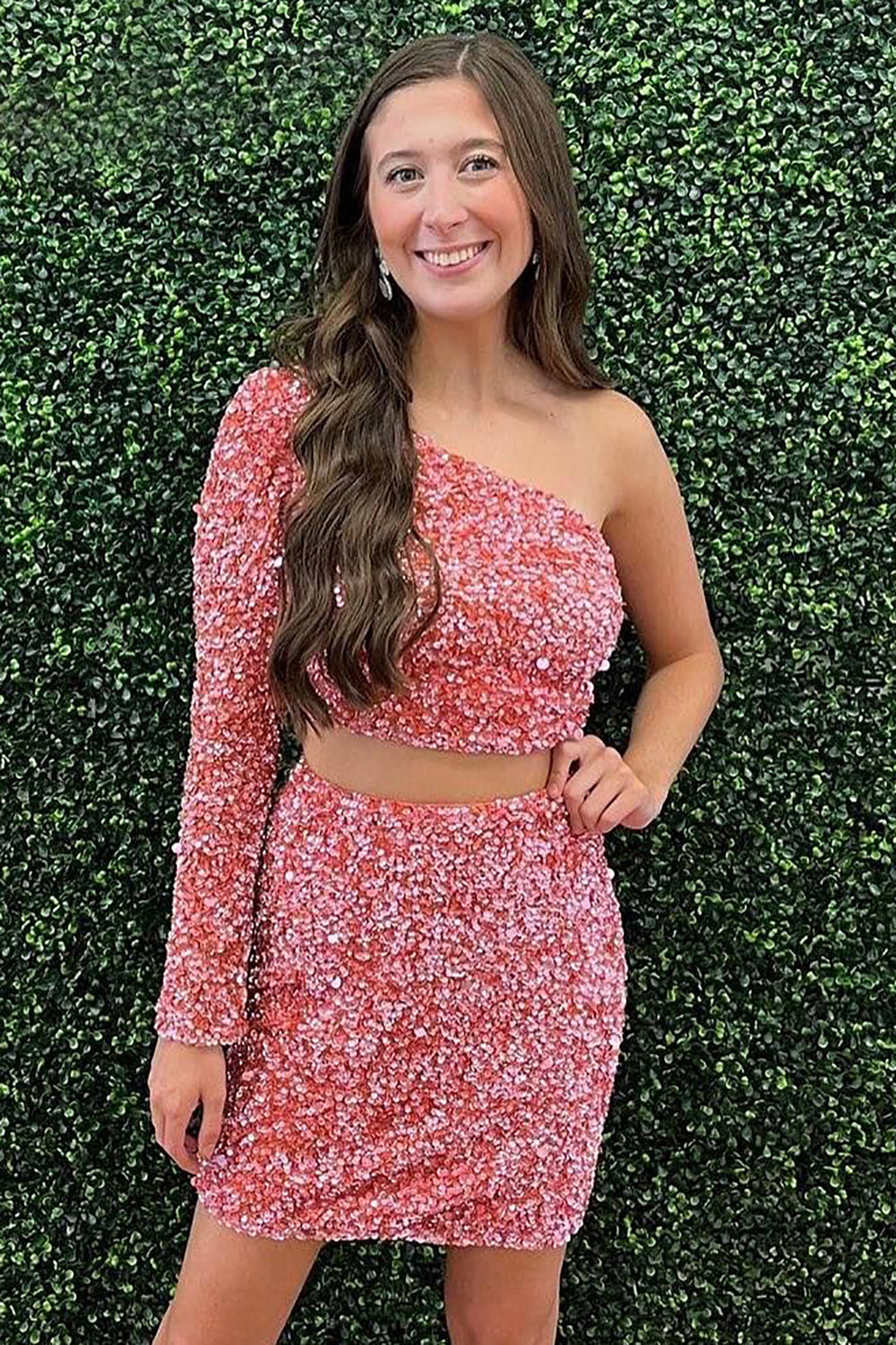 Misshow Sparkly Two Piece Blush Sequins One Shoulder Tight Homecoming Dress/Mini Dress