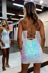 Misshow Sparkly White Lace-Up Back Tight Short Homecoming Dress/Mini Dress