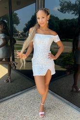 Misshow Sparkly White Off the Shoulder Sequin Tight Homecoming Dress/Mini Dress