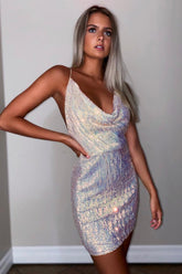 Misshow Sparkly White Sequined Spaghetti Straps Tight Short Homecoming Dress/Mini Dress