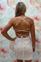 Misshow Sparkly White Sequins Lace-Up Tight Short Homecoming Dress/Mini Dress