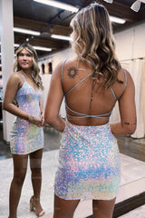 Misshow Sparkly White Sequins Spaghetti Straps Criss-Cross Straps Back Tight Homecoming Dress/Mini Dress