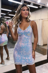 Misshow Sparkly White Sequins Spaghetti Straps Criss-Cross Straps Back Tight Homecoming Dress/Mini Dress