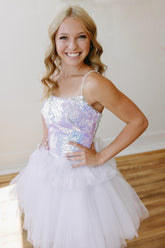 Misshow Sparkly White Sequins Spaghetti Straps Short Homecoming Dress/Mini Dress