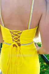 Misshow Sparkly Yellow Beaded Satin Tight Short Homecoming Dress/Mini Dress