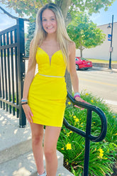 Misshow Sparkly Yellow Beaded Satin Tight Short Homecoming Dress/Mini Dress