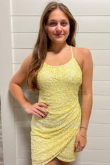 Misshow Sparkly Yellow Sequins Asymmetrical Tight Homecoming Dress/Mini Dress