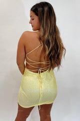 Misshow Sparkly Yellow Sequins One Shoulder Backless Tight Homecoming Dress/Mini Dress