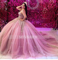 Misshow Strapless Ball Gown Lace Applique & Beaded Pink Tulle Quinceanera Dress for Sweet 16 Princess Formal Evening Party