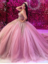 Misshow Strapless Ball Gown Lace Applique & Beaded Pink Tulle Quinceanera Dress for Sweet 16 Princess Formal Evening Party