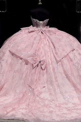 Misshow Strapless Ball Gown Sparkling Sequins & Beaded Bow Detail for Quinceanera Sweet 16 or Birthday Party