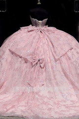 Misshow Strapless Ball Gown Sparkling Sequins & Beaded Bow Detail for Quinceanera Sweet 16 or Birthday Party