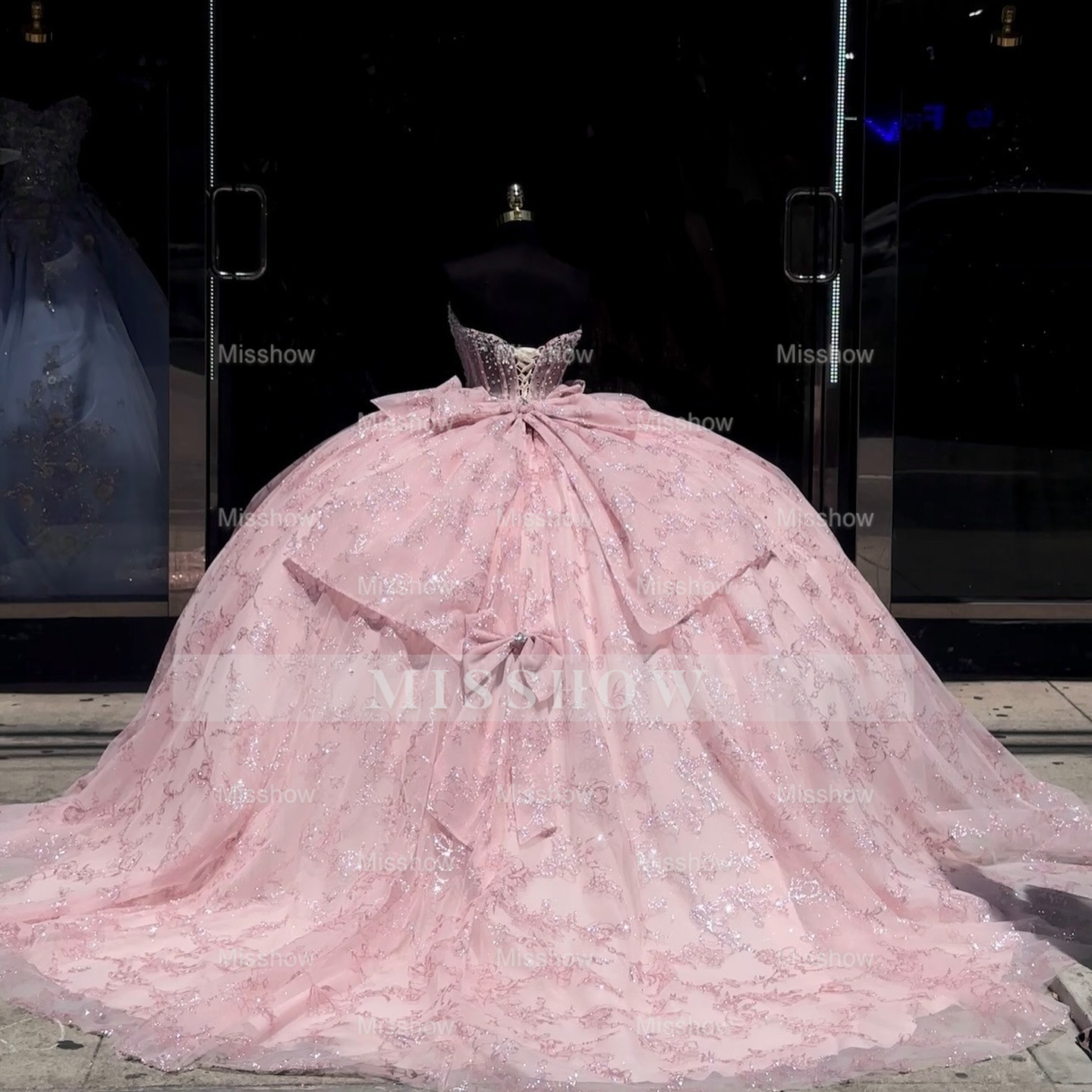 Misshow Strapless Ball Gown Sparkling Sequins & Beaded Bow Detail for Quinceanera Sweet 16 or Birthday Party